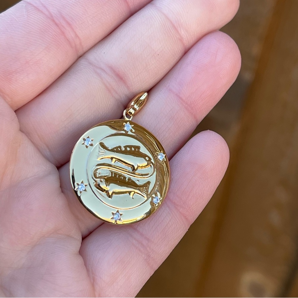 SPARKLY & SHINY Gold Pisces Zodiac Pendant Charm Disk